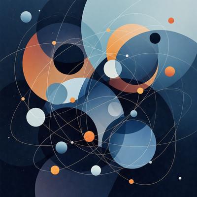 The primary subject of the image is a colorful and intricate pattern of circles and orbs, which are arranged in various shapes and sizes. The setting is a dark blue background, which contrasts with the vibrant colors of the circles and orbs. The visual style of the image is a combination of digital art and illustration, creating a unique and captivating design. The dominant colors in the image are blue, orange, and white, which contribute to a lively and energetic atmosphere.